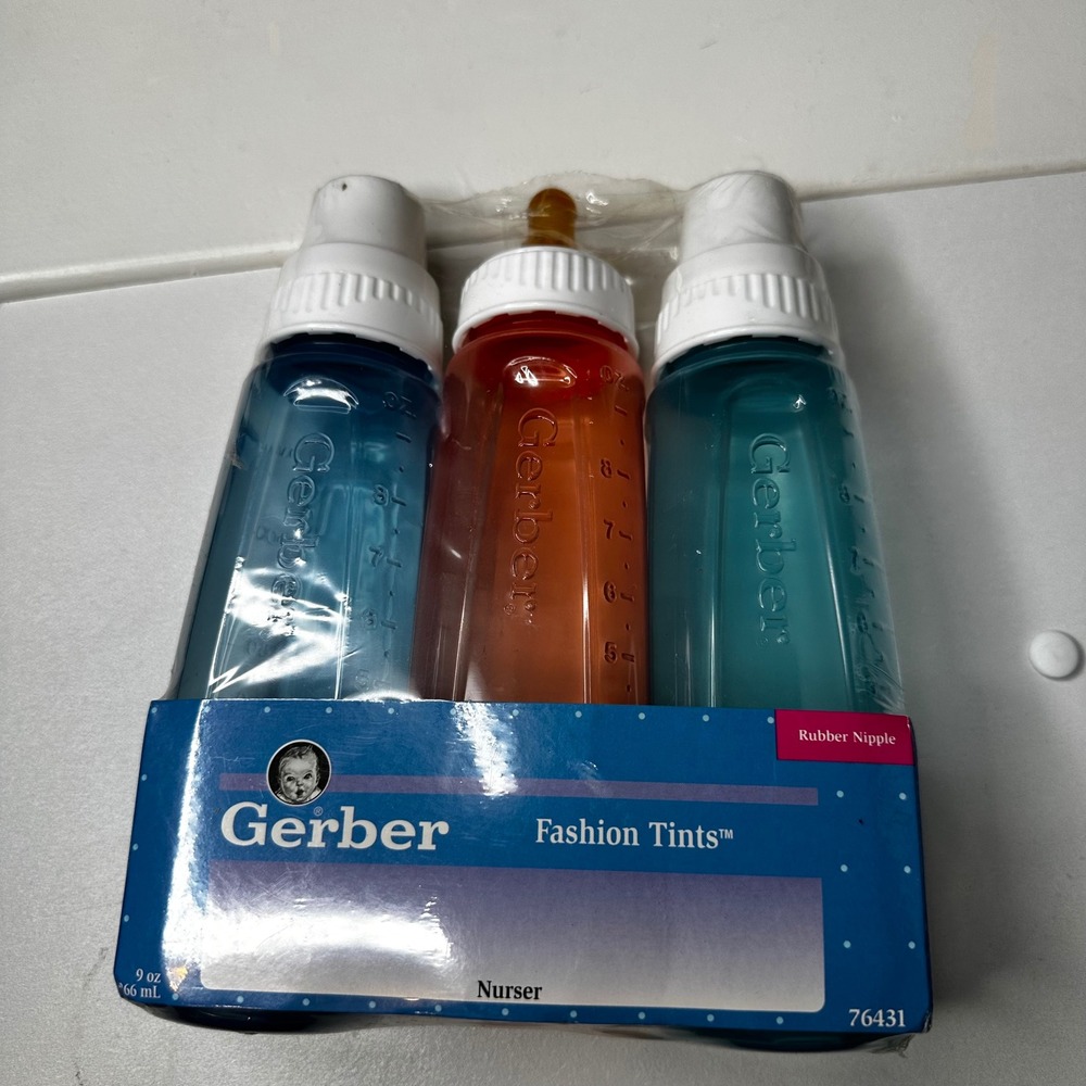VTG Vintage 1997 Gerber Fashion Tints Baby Plastic Nurser Bottles 9 oz set of 3